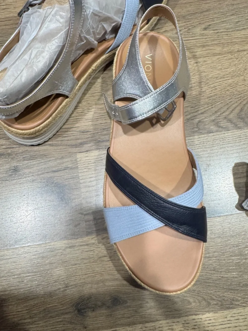Vionic Mar Navy Multi Leather Platform Espadrille Orthotic Sandals Womens 12 NEW